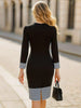 Womens Crew Neck Long Sleeve Fall Knee Length Sheath Dress with Striped Patchwork Pencil Skirt for Casual Office Wear