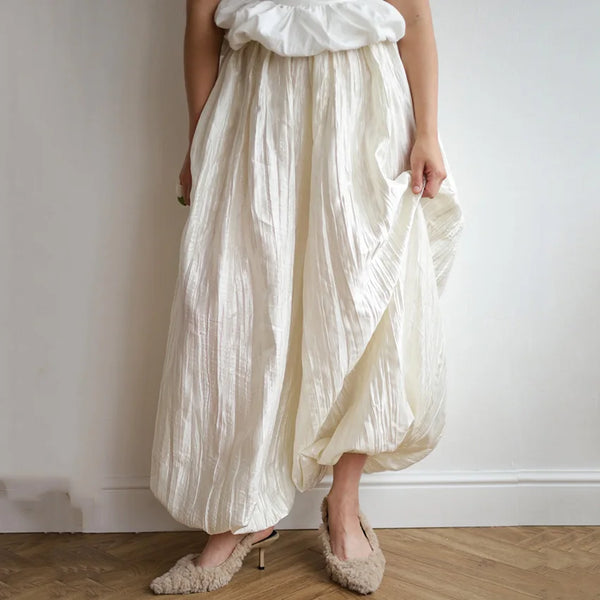 Elegant Apricot Loose Pleated Bloomers Women Casual Elastic Waist Trousers Female Spring Sheer Long Pants