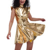 Metallic Women's Shiny Dress Holographic Solid Color Turtleneck Pleated Dress Carnival Costume Gold Silver Rave Dress Outfits
