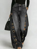 Women's High Waist Straight Leg Jeans Metal Ring Hollow Denim Pants Baggy Autumn Casual Long Jeans with Pockets Street Style