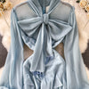 Retro Elegant V-neck ruffle lace-up pleated long sleeve A-line Casual High Waist Dress Women Autumn Dress