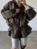 Drawstring Waist Windbreaker Jacket Women Contrast Collar Flap Pockets Long Sleeve Zip Up Coat Autumn Casual Loose Jackets
