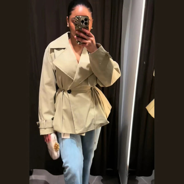 Women's Khaki Short Trench Coat Chic Lapel Collar Single Button Drawstring Waist Adjustable Oversized Jacket Commuting Outerwear