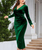 Elegant Velvet Bodycon Dress Women Sexy Wrapped V-neck Long Sleeve Ruched High Waist Midi Dress Party Cocktail Dresses Vestidos