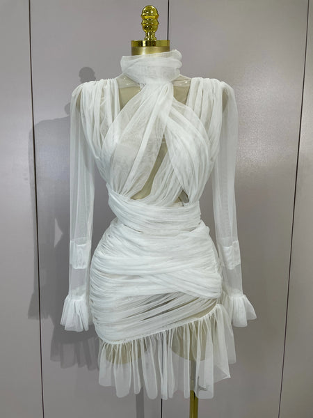 Elegant White High Collar Long Sleeve Solid Mesh Sexy See Through Ruffle Mini Dress Women Evening Club Party Birthday Dresses