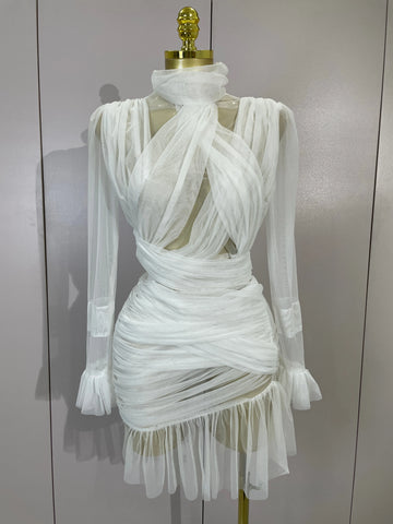 Elegant White High Collar Long Sleeve Solid Mesh Sexy See Through Ruffle Mini Dress Women Evening Club Party Birthday Dresses