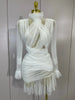 Elegant White High Collar Long Sleeve Solid Mesh Sexy See Through Ruffle Mini Dress Women Evening Club Party Birthday Dresses
