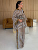 Striped Print Shirt Pants Set Turn Down Collar Three Quarter Sleeve Blouses Wide Leg Trousers Suit Casual Chic Women Outfit