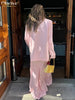 Loose Pink Satin Women's Two Pieces Set Elegant Long Sleeve Blazer With High Waist Maxi Skirt Set Female