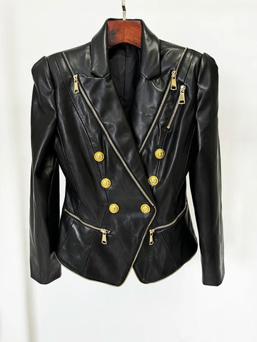Designer Jacket Women's Slim Fitting Zippers Artificial Leather Blazer