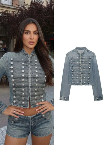 Women Vintage Double Breasted Denim Jacket Stand Collar Long Sleeve Jackets Female Streetwear Y2K Blue Denim Coat