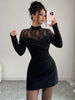 Women's Black Lace Mock Neck Long-Sleeve Mini Dress, Ruched Waist Bodycon Gown for Party Date Night Elegant Stylish Wear