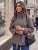 Women Black Belted Double Breasted Coat High Neck Long Sleeve Tailored Fit Elegant Jacket Winter Office Casual Outerwears