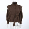 Solid Lace Up Short Trench Coat Lady Chic Stand Collar Wide Shoulder Full Sleeve Loose Coats Daily Casual Windbreaker