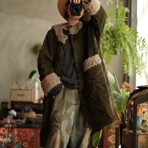 Women Corduroy Vintage Wool Patchwork Parkas Green Floral Button Pockets Coats Winter Chinese Style Parkas