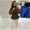 Elegant Suede Belt Women's Jacket Loose Full Sleeve Stand Collar Single Breasted Lace Up Jacket Female Autumn Coat
