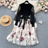 Senior Knitted Patchwork Dress Long Lantern Sleeves Bow Mesh Embroidery Floral Women Autumn France Elegant Party Dress