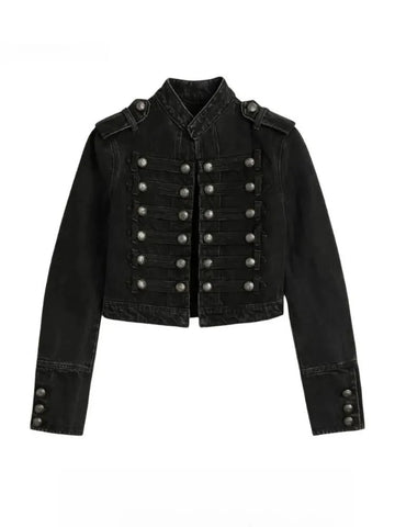 Y2K Retro Hussars Jacket Stand Collar Double Breasted Button Cropped Jacket Napoleon Old Money Blk Denim Jacket Women Boxy Coat