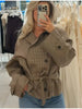 Women Casual Plaid Cropped Trench Coat Lapel Double Breasted Belted Waist Loose Long Sleeve Checkered Jacket Autumn Windbreaker