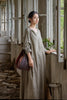 Vintage Women Ramie Cotton Dresses V-Neck Long Sleeve Spring Robes Loose Chinese Style Tie-dye A-Line Dress