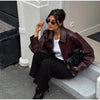 Wine Red Pu Leather Long Sleeve Lapel Collar Zipper Jackets Women Loose Short Coats Female Autumn Office Daily Wear