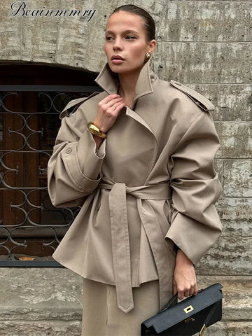 Solid Laepl Lace Up Trench Coat Women Full Sleeve Waist Cinching Short Windbreak Autumn Office Commute Outwear