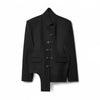 Women Black Blazer Stand Collar Metal Buckle V-Neck Hollow Waist Slim Fit Party Long Suit Jacket