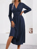 Elegant Solid Color Knit Dress for Women Fall Winter Overlap V-Neck Long Sleeve with Waist Shirring Bodycon Long Maxi Dress