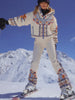 Printed Hooded Puffer Coat Suspender Ski Pants Zip‑Up Slim Fit Winter Women Snow Outfit Warm Lady Two‑Piece Ski Set