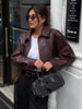Women Coated Cinched-waist Leather Jacket Retro Casual Lapel Full Sleeve Zipper Fishbone Coats Lady Daily High Street Coat