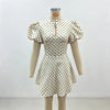 Vintage Sexy Deep V Puff Sleeve Button Ribbed Mini Dress High Waist Cinched Waist A Line Flared Dresses Sweet Casual Date Women