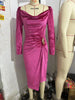 Elegant Velvet Swing Collar Dress for Women's Ruched Split Solid Office Lady Long Sleeve Slim Vintage Casual Wedding Guest Dress