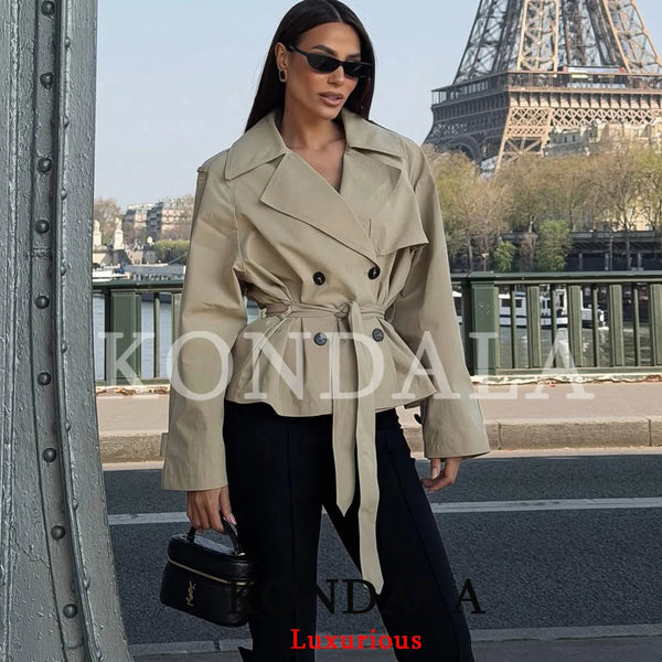 Holiday Casual Chic Women Short Trench Coat Double Breasted Sashes Jacket Trench Spring Sumer Office Trench