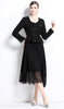 Elegant Women U Collar Long Sleeve Pleated Midi Dress Runway Spring Tweed Patchwork Chiffon Lace Trims Belt Party Vestidos
