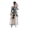 Dresses For Women Black And White Flowers Print Long Sleeve Ruffled Collar Elegant Dress Lace Up A-Line Dress Spring