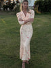Elegant Printed V-Neck Long Dress Female High Waist Bandage Slim Contrast Party Dress Evening Women's Lace-Up Maxi Dress