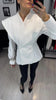 Women White Wide Shoulder Blazer Coat Chic Full Sleeve V-neck Waist Cinching Hollow Out Coats Lady Spring Autumn Outwear