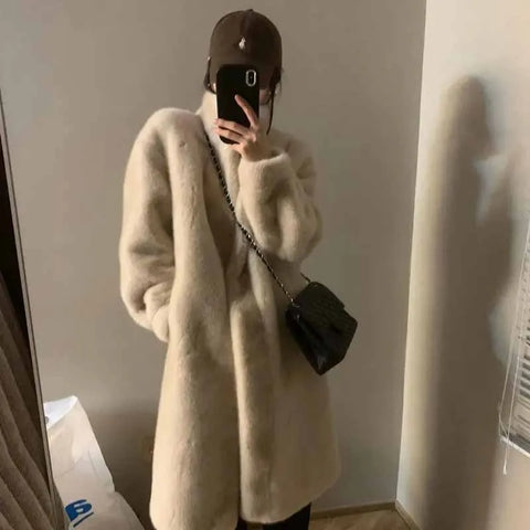 Ladies Stand Collar Mink Plush Outwear Women Leisure Long Sleeves Thicken Fur Coat Winter Female Long Faux Fur Jacket