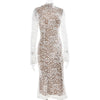 Sexy See Through Lace Women Midi Dress White Long Sleeve Turtleneck Dress Female Winter Skinny Elegant Party Clubwear