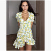Sexy Floral Printed Mini Dress Women V-neck Flared Sleeve Waist Cinching Ruffle Bodycon Vestido Lady Party Vacation Gowns