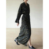 Women Silk Pendant Ink Color Midi Dress V-Neck Slim Wrapped Tie Waist Long Dresses for Ladies