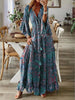 European and American Bohemian Style Flared Sleeve Print V-Neck High Waisted Vacation Dress Floral Women's Long Skirt