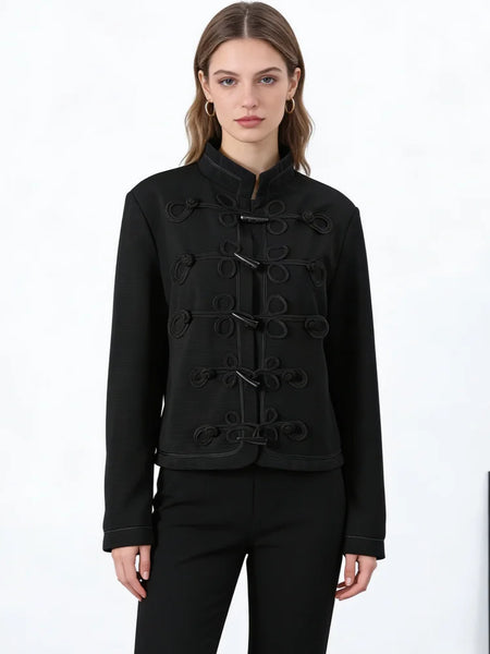 Retro Horn Button Black Jacket For Women Elegant Long Sleeve Stand Collar Coat Spring Chic Lady Street Casual Outerwear