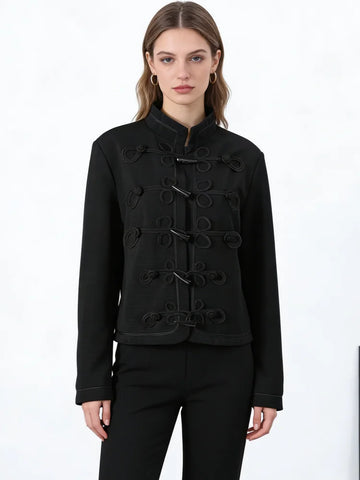 Retro Horn Button Black Jacket For Women Elegant Long Sleeve Stand Collar Coat Spring Chic Lady Street Casual Outerwear
