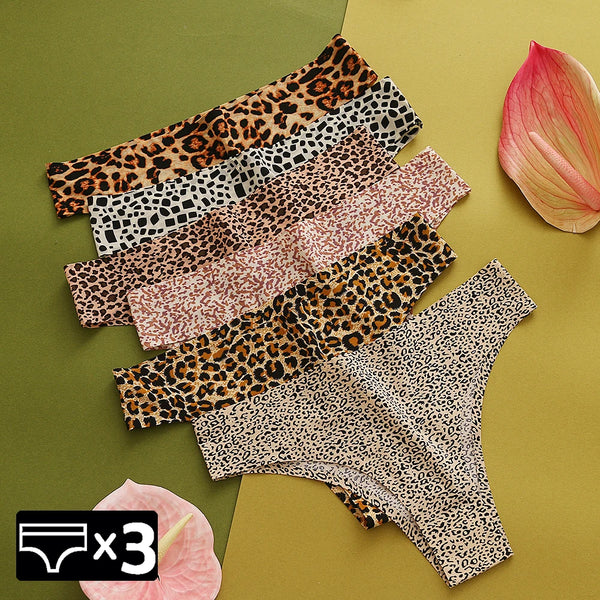 WarmSteps 3Pcs/Set Sexy Leopard Thongs Women's Panties Thongs Female Underwear Seamless Printed Panties Ice Silk Briefs