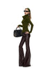 Spring Autumn Long Fitted Soft Black Pu Leather Flare Pants for Women Low Waist Sexy Designer Gyaru Clothes