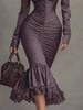 Women's Elegant Slim Fit Evening Mermaid Maxi Dress Solid Long Sleeve Ruched Button Front Ruffle Hem Office Lady Long Dresses