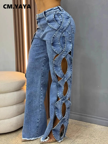 Women Streetwear Cutout Hollow Out Criss Cross Side Wide Leg Blue Denim Pants Sexy Party Jeans Trousers