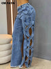 Women Streetwear Cutout Hollow Out Criss Cross Side Wide Leg Blue Denim Pants Sexy Party Jeans Trousers