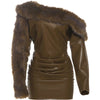 Sexy Furry PU Patchwork Dress Women Zip Diagonal Collar Tierred Ruched Irregular Full Sleeve Winter Streetwear